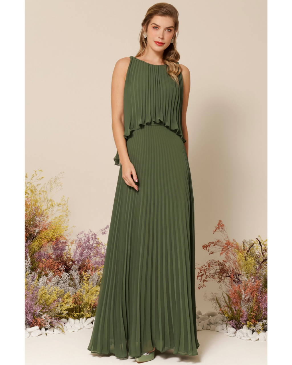 Vestido Longo Crepe Ref. 045504 - VERDE OLIVA