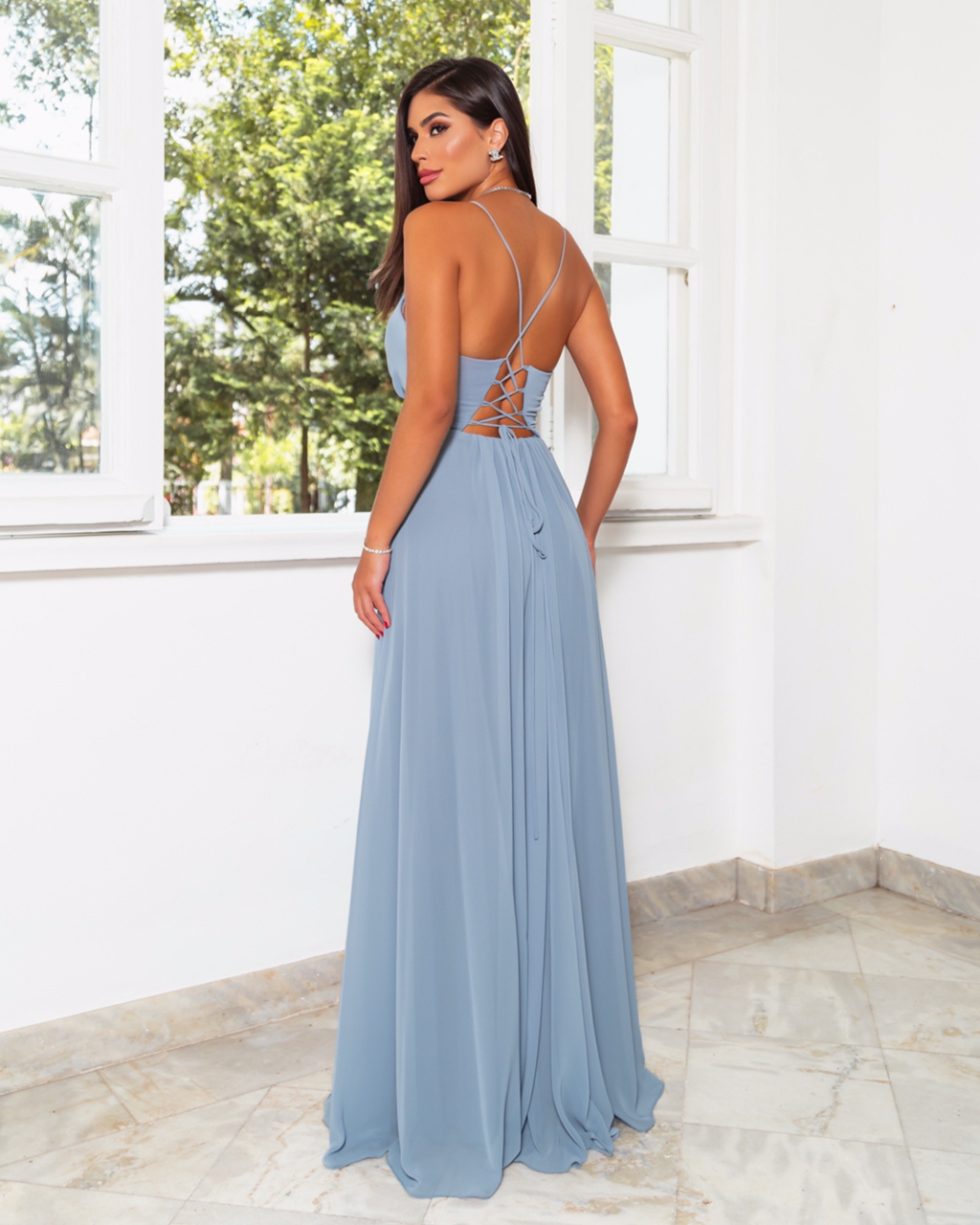 Vestido Longo Crepe Ref 044390 - AZUL SERENITY