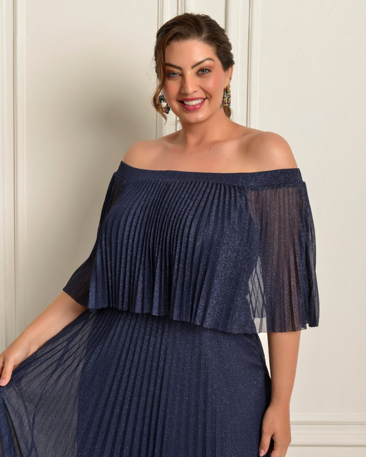 Vestido Plissado Brilho Ref 044056 - MARINHO