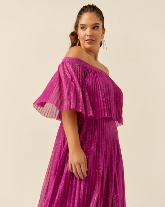 Vestido Plissado Brilho Ref 044056 - FUCSIA