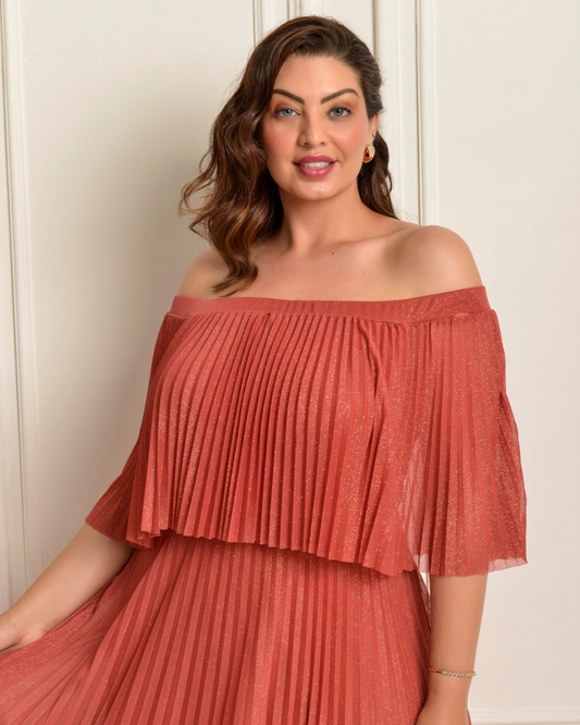 Vestido Plissado Brilho Ref 044056 - TERRACOTA