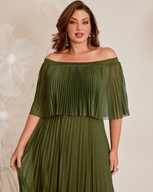Vestido Plissado Brilho Ref 044056 - VERDE OLIVA