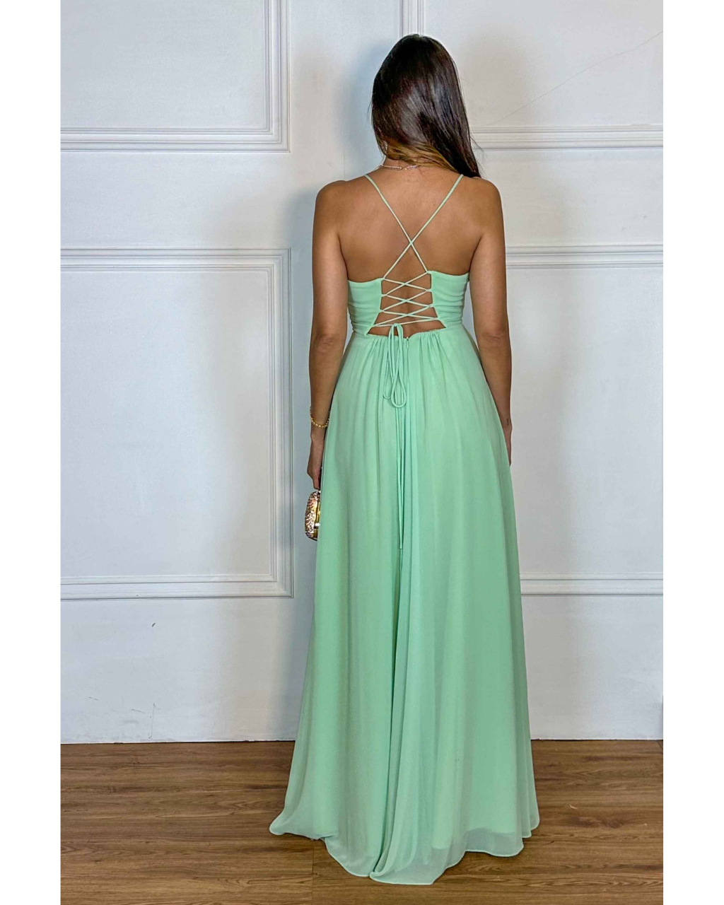 Vestido Longo Crepe Ref 044390 - VERDE AGUA