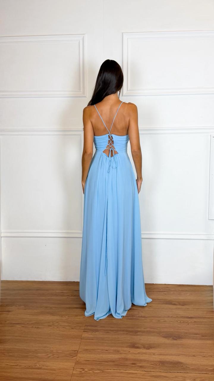Vestido Longo Crepe Ref 044390 - AZUL SERENITY