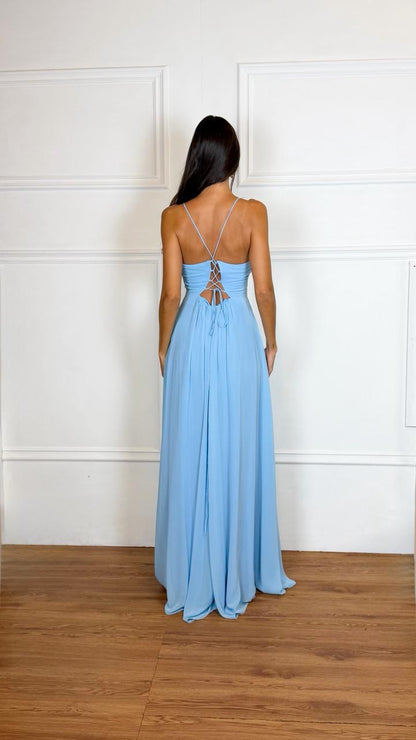 Vestido Longo Crepe Ref 044390 - AZUL SERENITY