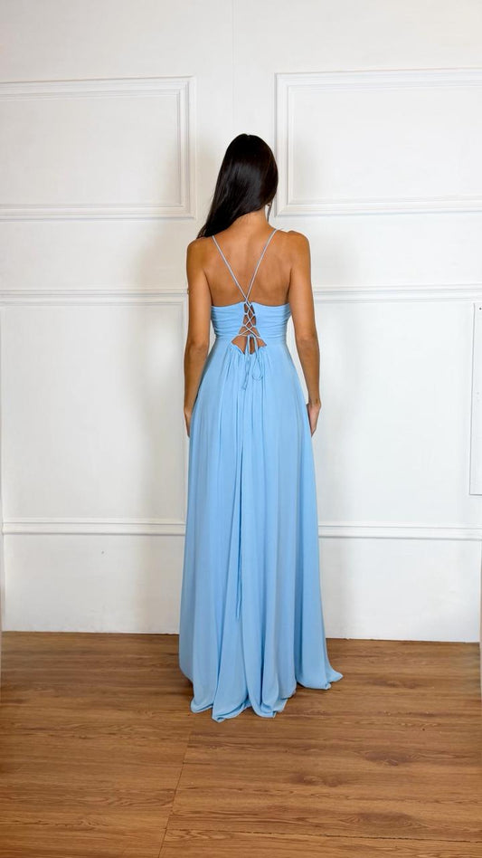 Vestido Longo Crepe Ref 044390 - AZUL SERENITY