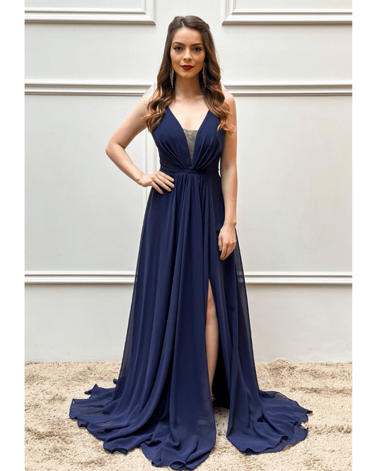 Vestido Longo Crepe Ref 044390 - MARINHO