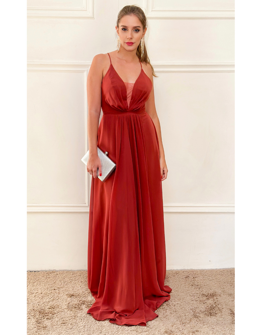 Vestido Longo Crepe Ref 044390 - TERRACOTA