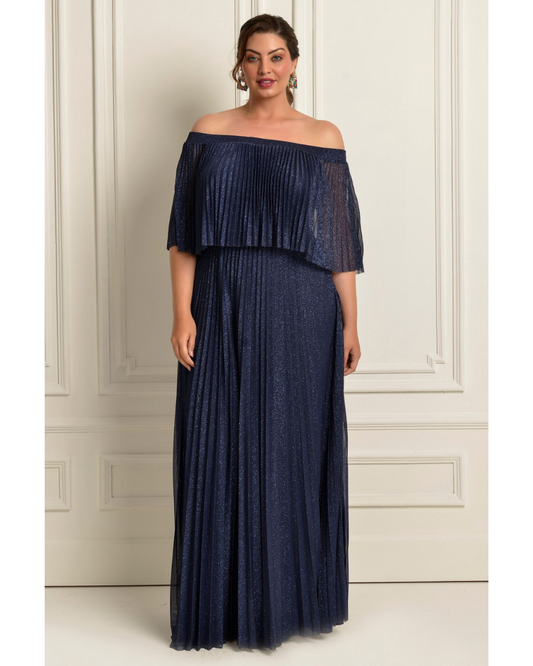 Vestido Plissado Brilho Ref 044056 - MARINHO