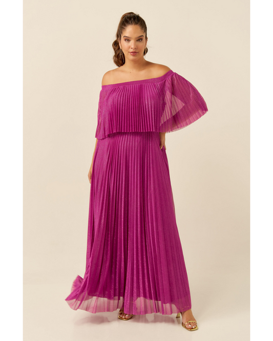 Vestido Plissado Brilho Ref 044056 - FUCSIA