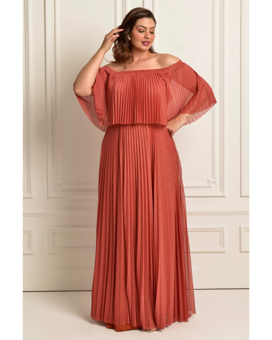 Vestido Plissado Brilho Ref 044056 - TERRACOTA