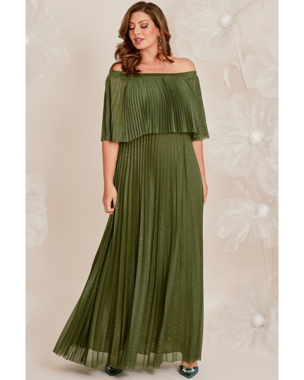 Vestido Plissado Brilho Ref 044056 - VERDE OLIVA
