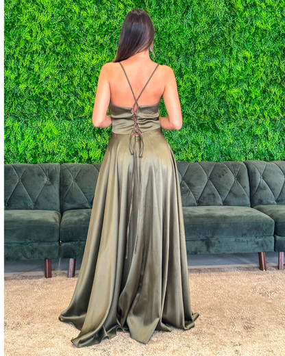 Vestido Cetim Ref. 047801 - VERDE OLIVA