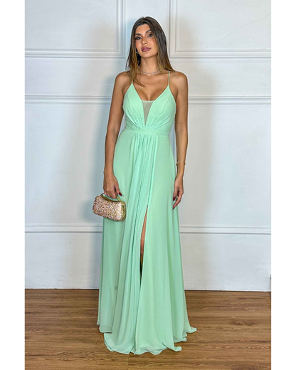 Vestido Longo Crepe Ref 044390 - VERDE AGUA