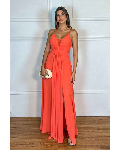 Vestido Longo Crepe Ref 044390 - CORAL