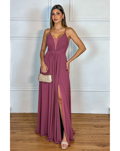 Vestido Longo Crepe Ref 044390 - ROSE ESCURO