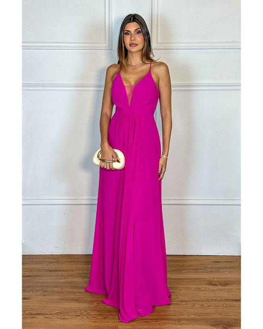 Vestido Longo Crepe Ref 044390 - FUCSIA