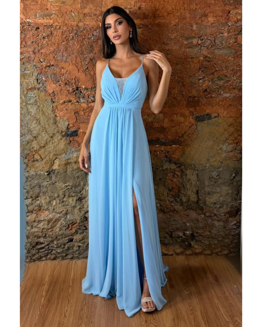 Vestido Longo Crepe Ref 044390 - AZUL SERENITY
