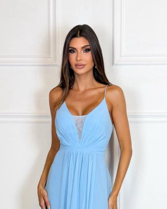 Vestido Longo Crepe Ref 044390 - AZUL SERENITY