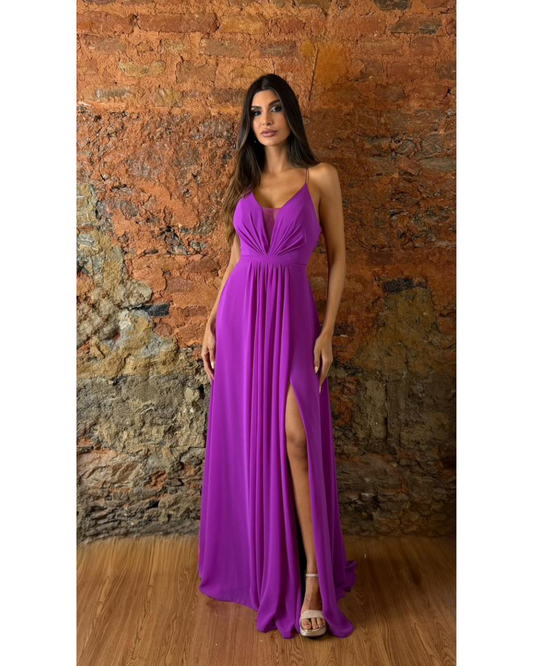 Vestido Longo Crepe Ref 044390 - FUCSIA