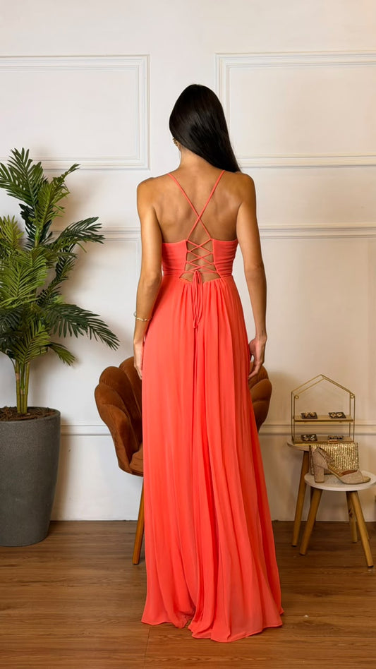 Vestido Longo Crepe Ref 044390 - CORAL